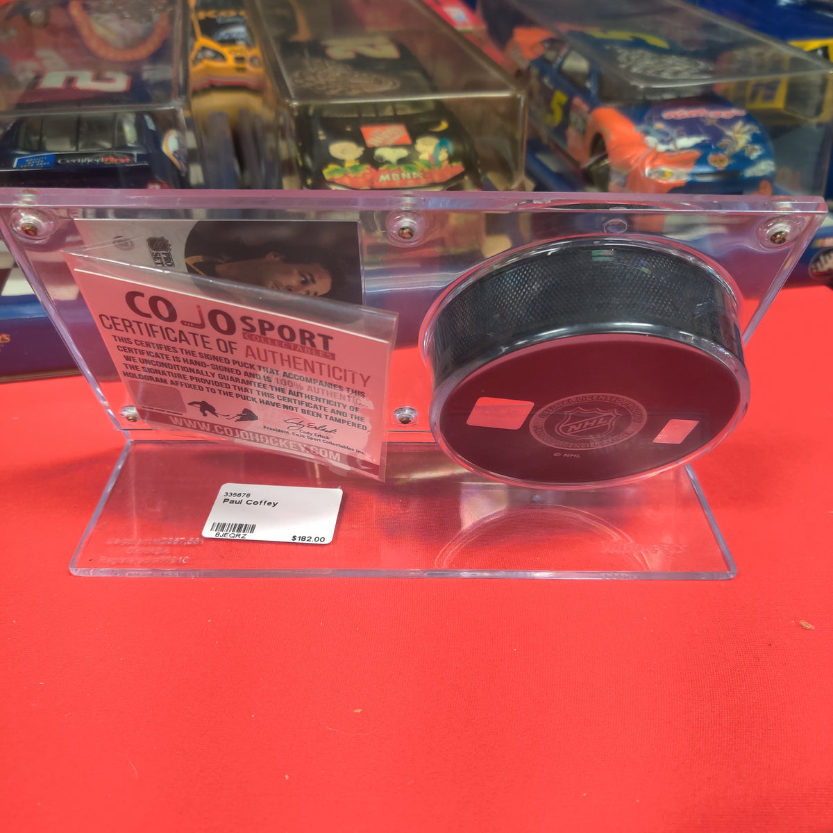 PAUL COFFEY CARD AND SIGNED PUCK DISPLAY NHL PROSET HOCKET DISPLAY