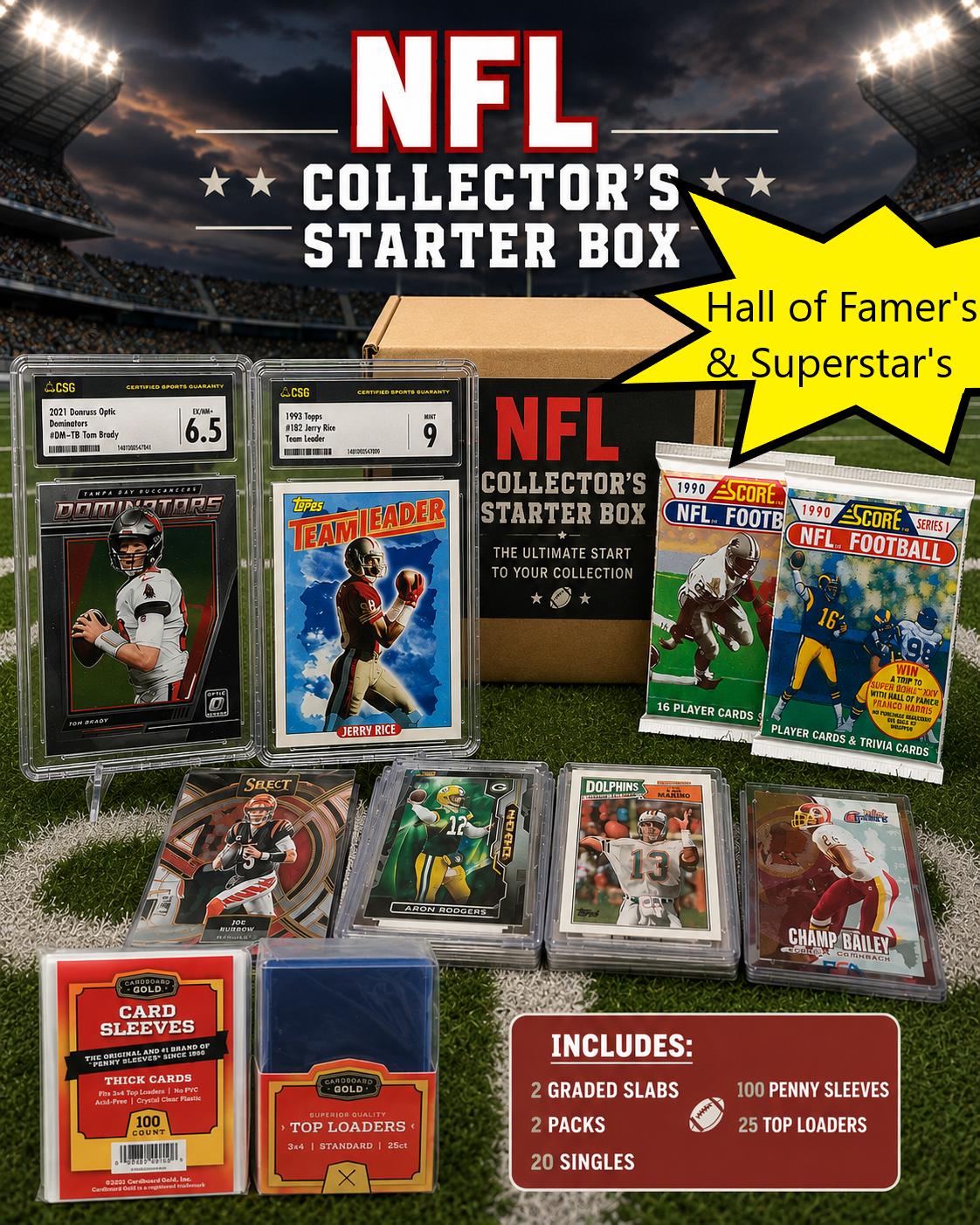 NFL Collector's Starter Box bundle featuring 2 graded football cards, trading cards, card sleeves, and top loaders arranged on a football field background with stadium lights. Prominent text highlights 'NFL Collector's Starter Box' and 'Hall of Famer's & Superstar's'.