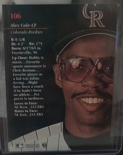 Baseball Card (Player: Alex Cole) (Superstar: Yes) (Hall of Fame: No) (Rookie: No) (Kind of Packaging: Top-Loader) (Sleeve: Yes) (Unique Number: 106) (Year: 1993) - Image 2