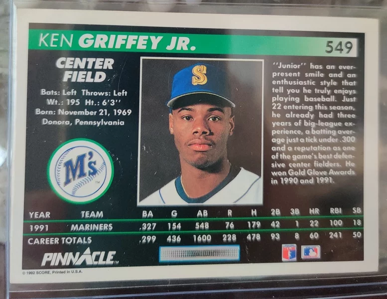 Baseball Card (Player: Ken Griffey Jr.) (Superstar: No) (Hall of Fame: Yes) (Rookie: No) (Kind of Packaging: Top-Loader) (Sleeve: Yes) (Unique Number: 549) (Year: 1992) - Image 2