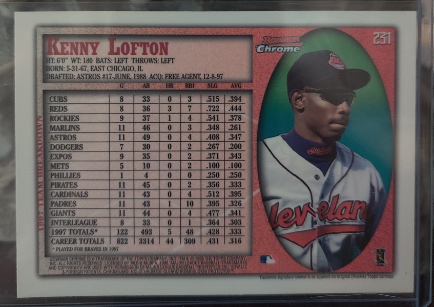 Baseball Card (Player: Kenny Lofton) (Superstar: Yes) (Hall of Fame: No) (Rookie: No) (Kind of Packaging: Top-Loader) (Sleeve: Yes) (Unique Number: 231) (Year: 1998) - Image 2