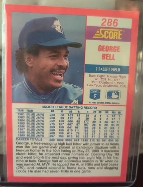 Baseball Card (Player: George Bell) (Superstar: Yes) (Hall of Fame: No) (Rookie: No) (Kind of Packaging: Top-Loader) (Sleeve: Yes) (Unique Number: 286) (Year: 1990) - Image 2