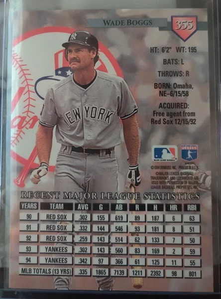 Baseball Card (Player: Wade Boggs) (Superstar: No) (Hall of Fame: Yes) (Rookie: No) (Kind of Packaging: Top-Loader) (Sleeve: Yes) (Unique Number: 355) (Year: 1994)