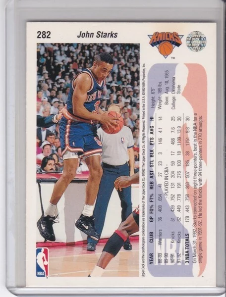 Basketball Card (Brand: Upper Deck) (Type: Upper Deck 92 93) (Subtype: ) (Kind of Packaging: Semi-Rigid) (Sleeve: Yes) (Hall of Fame: No) (Superstar: Yes) (Rookie: No) (Year: 1992) (Unique Number: 282) (Numbered Card: ) (Player: John Starks) - Image 2