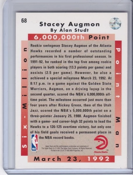Basketball Card (Brand: Upper Deck) (Type: Upper Deck 92 93) (Subtype: 6 Million Point Man, March 23, 1992) (Kind of Packaging: Semi-Rigid) (Sleeve: Yes) (Hall of Fame: No) (Superstar: Yes) (Rookie: No) (Year: 1992) (Unique Number: 68) (Numbered Card: ) (Player: Stacey Augmon) - Image 2
