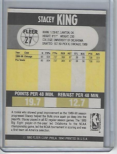 Basketball Card (Brand: Fleer) (Type: Fleer 90) (Subtype: ) (Kind of Packaging: Semi-Rigid) (Sleeve: Yes) (Hall of Fame: No) (Superstar: Yes) (Rookie: No) (Year: 1990) (Unique Number: 27) (Numbered Card: ) (Player: Stacey King) - Image 2