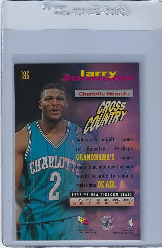 Basketball (Brand: Topps) (Type: Stadium Club) (Subtype: ) (Hall of Famer: N) (Superstar: Y) (Rookie: N) (Kind of Packaging: Semi-Rigid with Sleeve) (Year: 1994) (Unique Number: 185) (Numbered Card: ) (Player:Larry Johnson) - Image 2