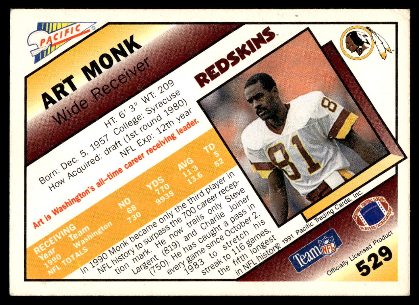 Football (Brand: Pacific) (Type: ) (Subtype: ) (Hall of Famer: ) (Superstar: ) (Rookie: ) (Kind of Packaging: Semi-Rigid with Sleeve) (Year: 1991) (Unique Number: 529) (Numbered Card: ) (Player: Art Monk) - Image 2