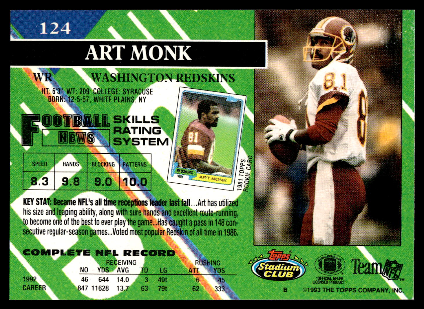 Football (Brand: Topps) (Type: Stadium Club) (Subtype: ) (Hall of Famer: ) (Superstar: ) (Rookie: ) (Kind of Packaging: Semi-Rigid with Sleeve) (Year: 1993) (Unique Number: 124) (Numbered Card: ) (Player: Art Monk) - Image 2
