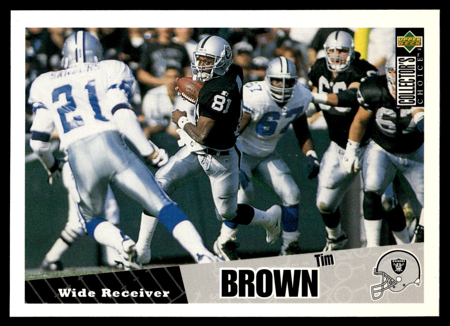 Football (Brand: Upper Deck) (Type: Collector's Choice) (Subtype: ) (Hall of Famer: ) (Superstar: ) (Rookie: ) (Kind of Packaging: Semi-Rigid with Sleeve) (Year: 1996) (Unique Number: 99) (Numbered Card: ) (Player: Tim Brown)