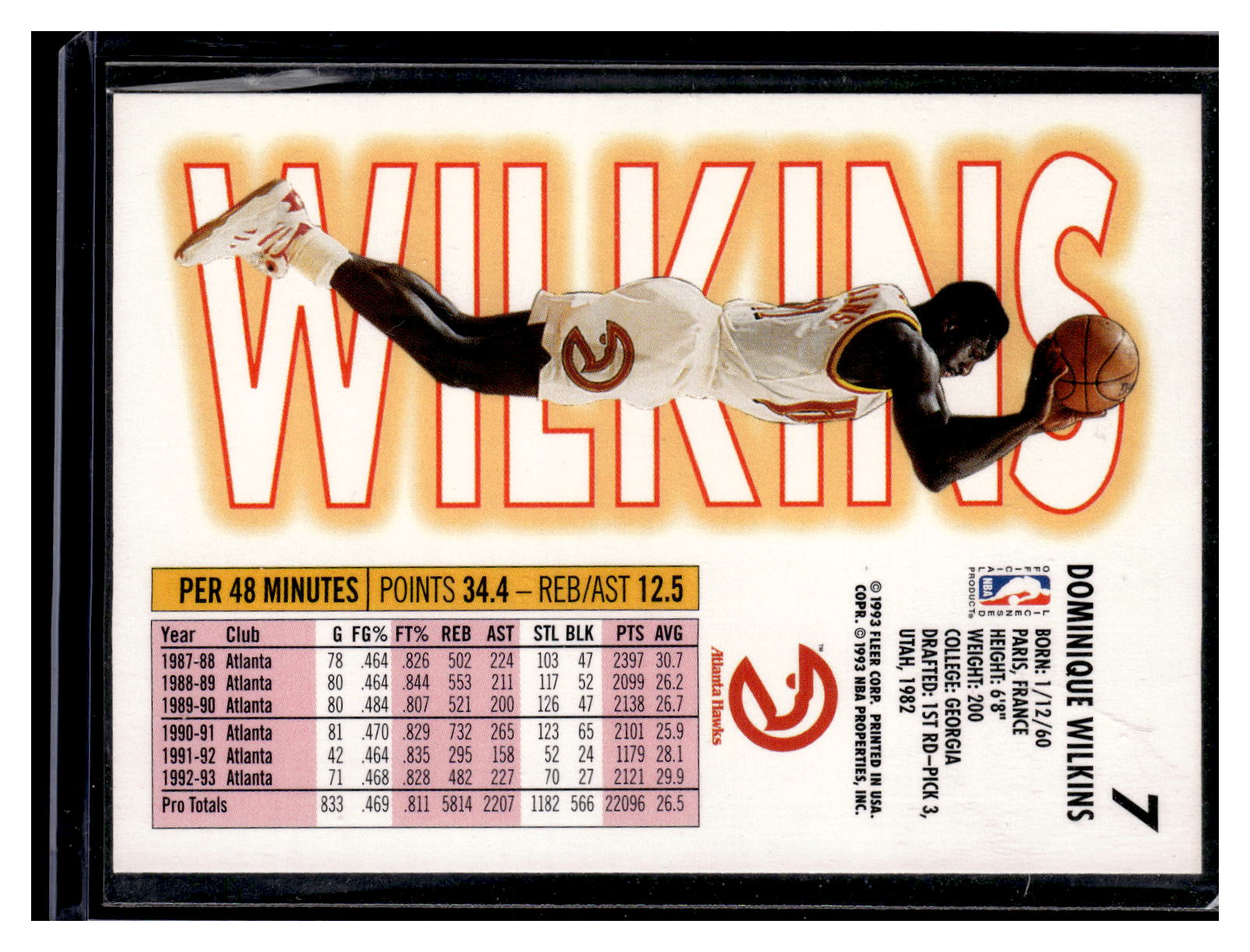 Basketball (Brand: Fleer) (Type: Fleer '93-94) (Subtype: ) (Hall of Famer: ) (Superstar: ) (Rookie: ) (Kind of Packaging: Toploader with Sleeve) (Year: 1993) (Unique Number: 7) (Numbered Card: ) (Player: Dominique Wilkins) - Image 2
