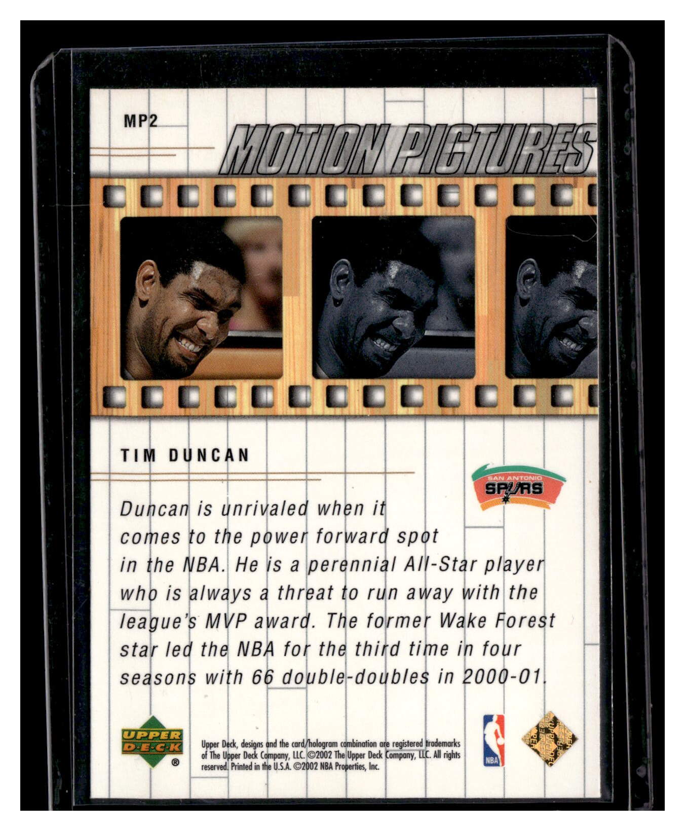 Basketball (Brand: Upper Deck) (Type: Motion Pictures) (Subtype: ) (Hall of Famer: ) (Superstar: ) (Rookie: ) (Kind of Packaging: Toploader with Sleeve) (Year: 2002) (Unique Number: MP2) (Numbered Card: ) (Player: TIm Duncan) - Image 2