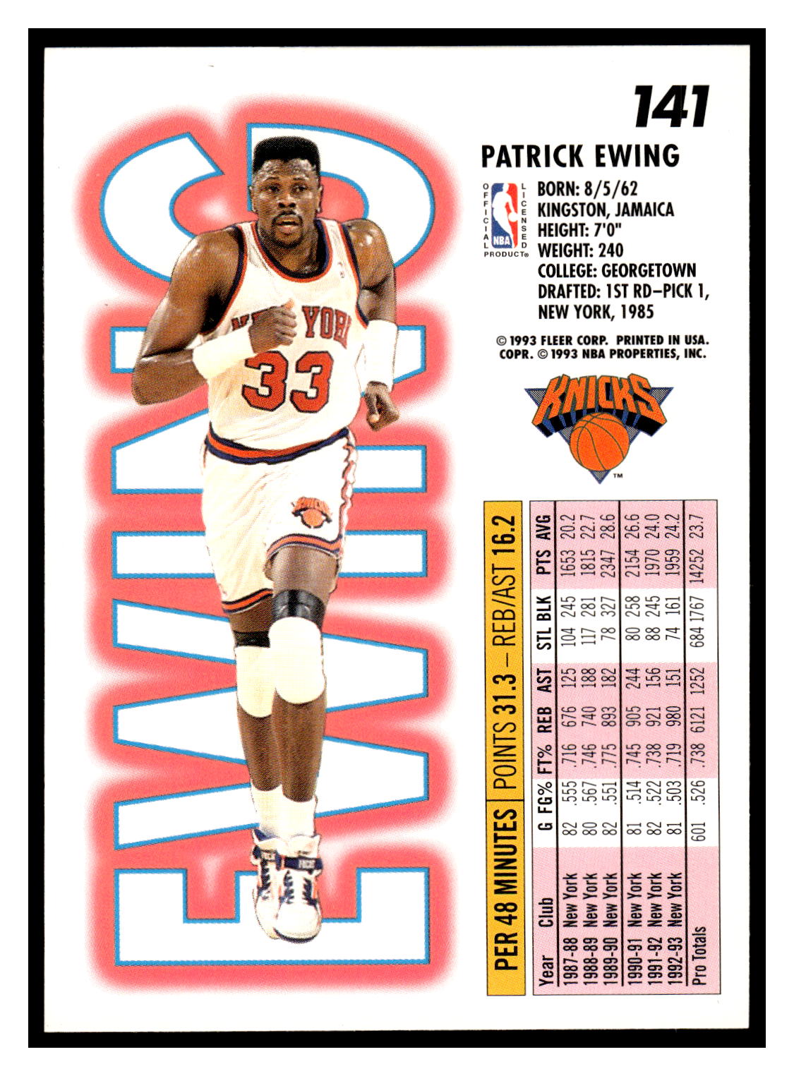 Basketball (Brand: Fleer) (Type: Fleer '93-94) (Subtype: ) (Hall of Famer: ) (Superstar: ) (Rookie: ) (Kind of Packaging: Semi-Rigid with Sleeve) (Year: 1993) (Unique Number: 141) (Numbered Card: ) (Player: Patrick Ewing) - Image 2