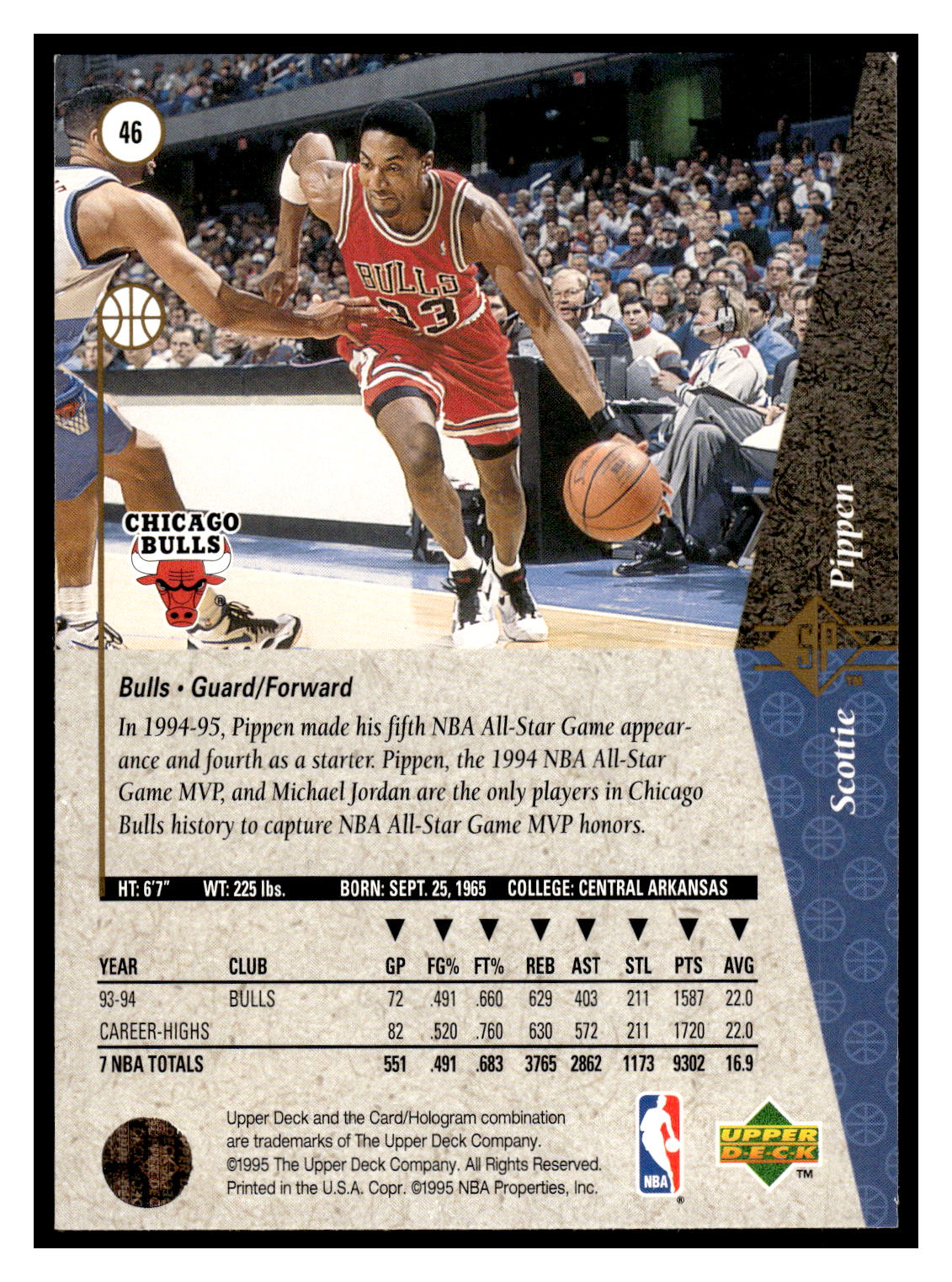 Basketball (Brand: Upper Deck) (Type: SP) (Subtype: ) (Hall of Famer: ) (Superstar: ) (Rookie: ) (Kind of Packaging: Semi-Rigid with Sleeve) (Year: 1995) (Unique Number: 46) (Numbered Card: ) (Player: Scottie Pippen) - Image 2