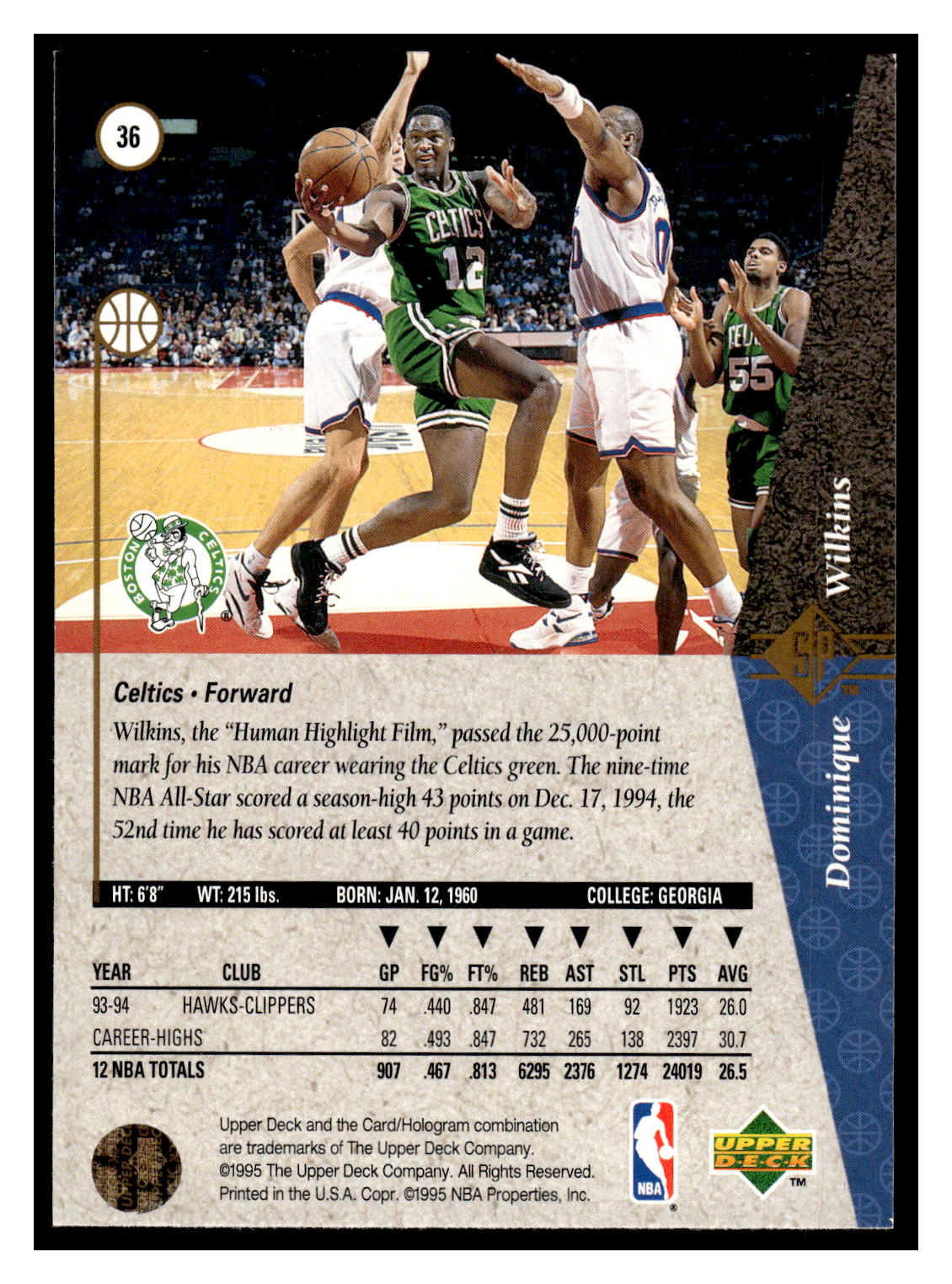 Basketball (Brand: Upper Deck) (Type: SP) (Subtype: ) (Hall of Famer: ) (Superstar: ) (Rookie: ) (Kind of Packaging: Semi-Rigid with Sleeve) (Year: 1995) (Unique Number: 36) (Numbered Card: ) (Player: Dominique Wilkins) - Image 2