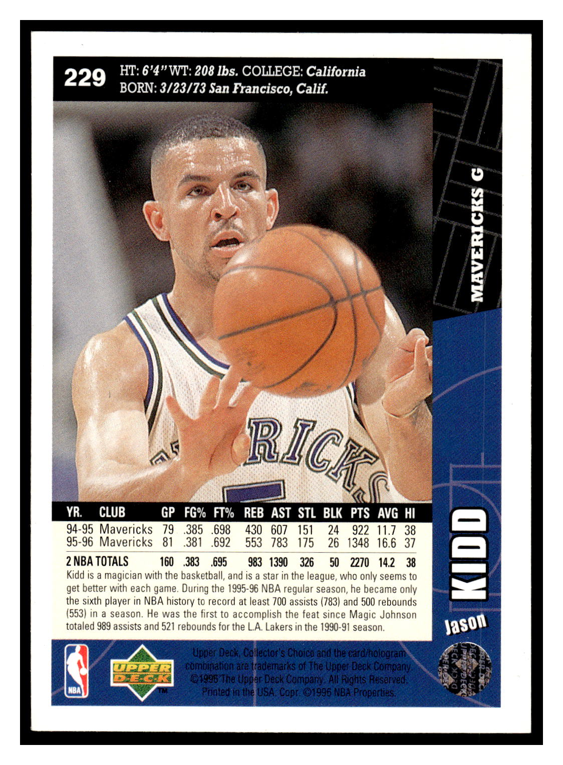Basketball (Brand: Upper Deck) (Type: Collector's Choice) (Subtype: ) (Hall of Famer: ) (Superstar: ) (Rookie: ) (Kind of Packaging: Semi-Rigid with Sleeve) (Year: 1996) (Unique Number: 229) (Numbered Card: ) (Player: Jason Kidd) - Image 2